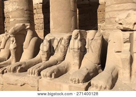 Buildings And Columns Of Ancient Egyptian Megaliths. Ancient Ruins Of Egyptian Buildings
