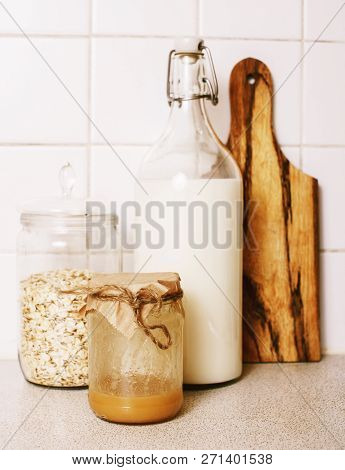 Real Comfort Wooden Kitchen With Breakfast Ingredients Close Up
