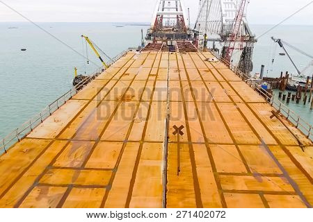 Construction Of The Bridge. Engineering Facilities For The Construction Of A Railway And Automobile 