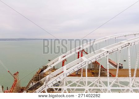 Construction Of The Bridge. Engineering Facilities For The Construction Of A Railway And Automobile 