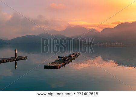 Sunrise Over Sky Reflection Water Lake, Sml Taiwan Natural Landscape Background