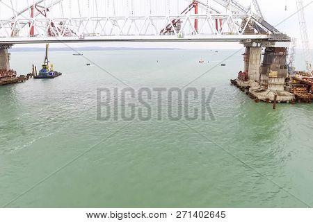 Construction Of The Bridge. Engineering Facilities For The Construction Of A Railway And Automobile 