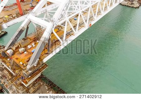 Construction Of The Bridge. Engineering Facilities For The Construction Of A Railway And Automobile 