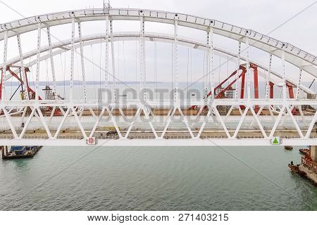 Construction Of The Bridge. Engineering Facilities For The Construction Of A Railway And Automobile 