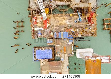 Construction Of The Bridge. Engineering Facilities For The Construction Of A Railway And Automobile 