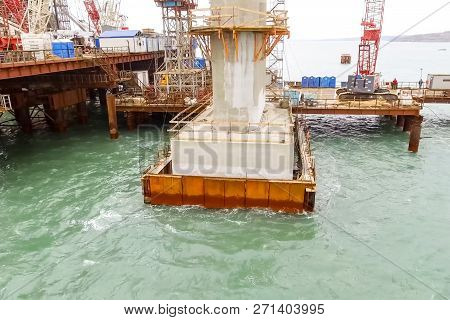 Construction Of The Bridge. Engineering Facilities For The Construction Of A Railway And Automobile 