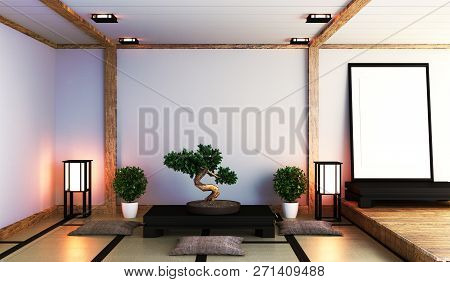 Living Room With Bonsai On Table Low ,wood Floor And Tatami Mat. 3d Rendering