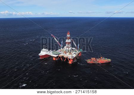 Oil Offshore Platform In The Sea. Extraction Of Oil On The Shelf.