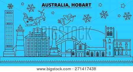 Australia, Hobart Winter Holidays Skyline. Merry Christmas, Happy New Year Decorated Banner With San