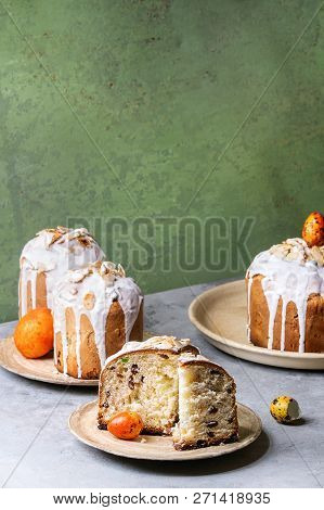 Set Of Traditional Russian And Ukrainian Easter Cake Kulich Paska Bread Glazed With Almond, Whole An
