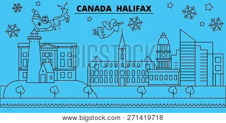 Canada, Halifax Winter Holidays Skyline. Merry Christmas, Happy New Year Decorated Banner With Santa