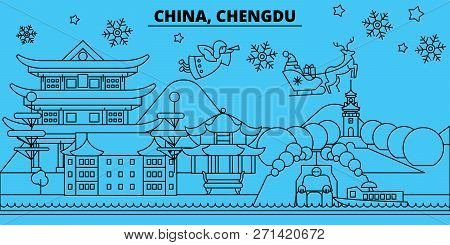 China, Chengdu Winter Holidays Skyline. Merry Christmas, Happy New Year Decorated Banner With Santa 