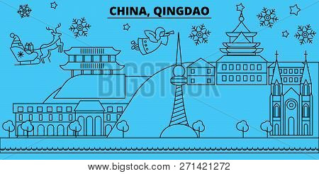 China, Qingdao Winter Holidays Skyline. Merry Christmas, Happy New Year Decorated Banner With Santa 