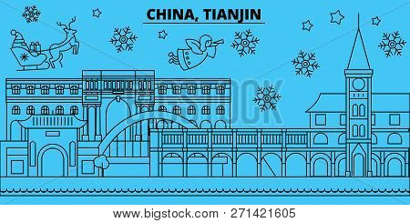 China, Tianjin Winter Holidays Skyline. Merry Christmas, Happy New Year Decorated Banner With Santa 