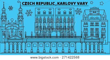 Czech Republic, Karlovy Vary Winter Holidays Skyline. Merry Christmas, Happy New Year Decorated Bann