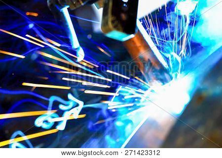 Pipe Welding. Welding Works. Sparks Of Welding