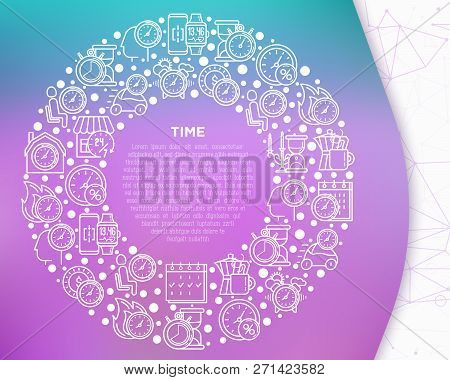 Time Concept In Circle With Thin Line Icons: Coffee Time, Stopwatch, Smart Watch, Hot Time, Sale, De