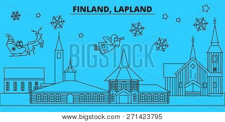 Finland, Lapland Winter Holidays Skyline. Merry Christmas, Happy New Year Decorated Banner With Sant