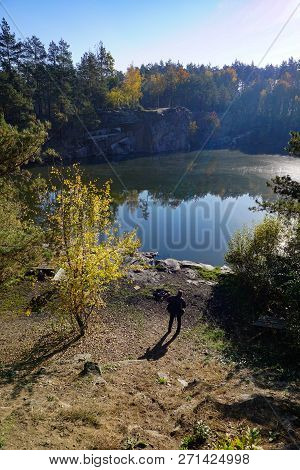 Korostyshevsky Quarry, Zhytomyr Region, Ukraine. Beautiful Landscape With Forest Reflection In Water