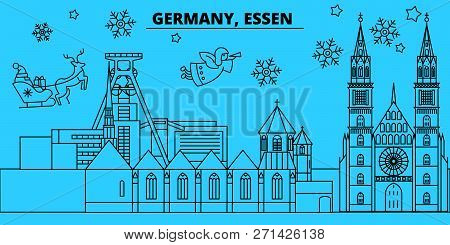 Germany, Essen Winter Holidays Skyline. Merry Christmas, Happy New Year Decorated Banner With Santa 