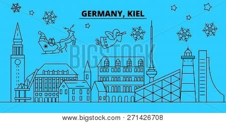 Germany, Kiel Winter Holidays Skyline. Merry Christmas, Happy New Year Decorated Banner With Santa C