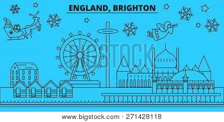 Great Britain, Brighton Winter Holidays Skyline. Merry Christmas, Happy New Year Decorated Banner Wi