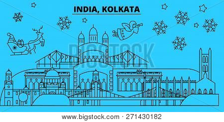 India, Kolkata Winter Holidays Skyline. Merry Christmas, Happy New Year Decorated Banner With Santa 