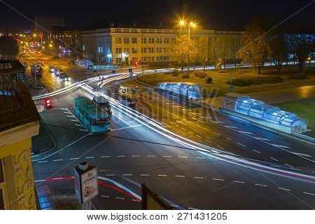 18.10.2018.  Chernigov ( Chernigiv)  City. Ukraine. Night Street In The Lights. View From Above. Tou