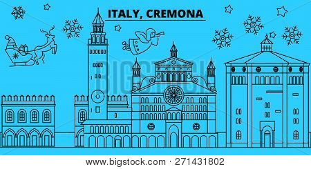 Italy, Cremona Winter Holidays Skyline. Merry Christmas, Happy New Year Decorated Banner With Santa 