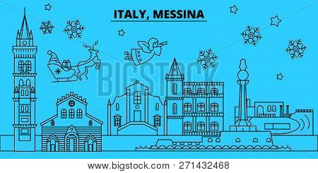 Italy, Messina Winter Holidays Skyline. Merry Christmas, Happy New Year Decorated Banner With Santa 