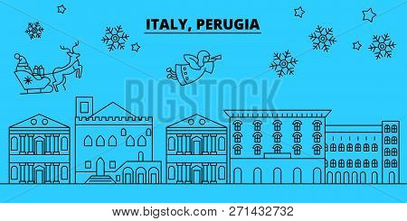 Italy, Perugia Winter Holidays Skyline. Merry Christmas, Happy New Year Decorated Banner With Santa 