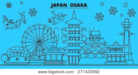 Japan, Osaka Winter Holidays Skyline. Merry Christmas, Happy New Year Decorated Banner With Santa Cl