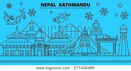 Nepal, Kathmandu Winter Holidays Skyline. Merry Christmas, Happy New Year Decorated Banner With Sant