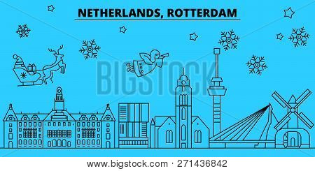 Netherlands, Rotterdam Winter Holidays Skyline. Merry Christmas, Happy New Year Decorated Banner Wit