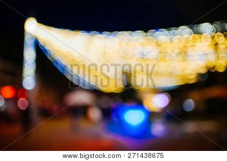 Beautiful Defocused Large Multicolored Garland In Place Du Marche Gayot In Central Strasbourg During