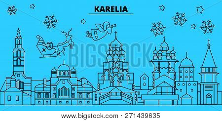 Russia, Karelia Winter Holidays Skyline. Merry Christmas, Happy New Year Decorated Banner With Santa