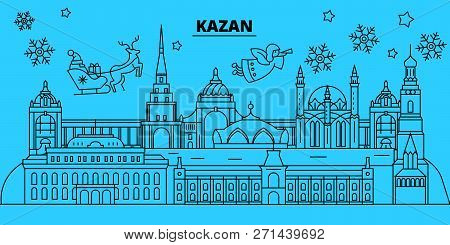 Russia, Kazan Winter Holidays Skyline. Merry Christmas, Happy New Year Decorated Banner With Santa C