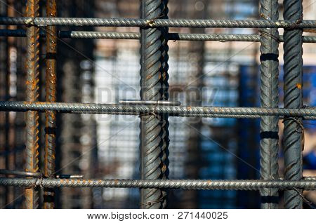 Brand New Armature. Reinforcements Steel Bars Stack. Close Up Steel Construction Armature.