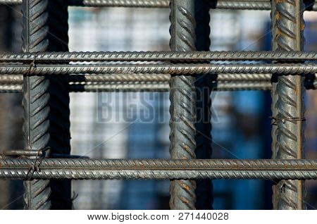 Brand New Armature. Reinforcements Steel Bars Stack. Close Up Steel Construction Armature.