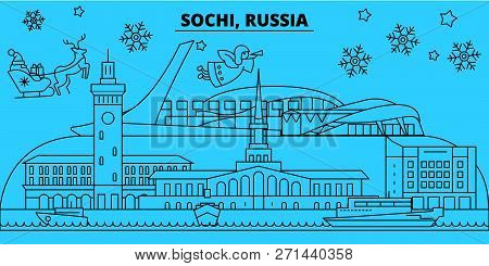 Russia, Sochi Winter Holidays Skyline. Merry Christmas, Happy New Year Decorated Banner With Santa C
