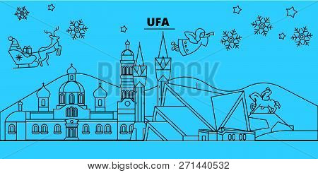 Russia, Ufa Winter Holidays Skyline. Merry Christmas, Happy New Year Decorated Banner With Santa Cla
