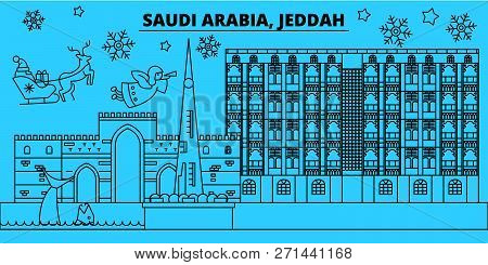 Saudi Arabia, Jeddah Winter Holidays Skyline. Merry Christmas, Happy New Year Decorated Banner With 