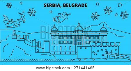 Serbia, Belgrade Winter Holidays Skyline. Merry Christmas, Happy New Year Decorated Banner With Sant