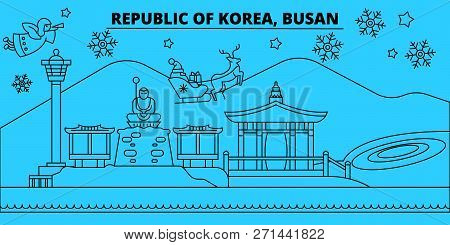 South Korea, Busan Winter Holidays Skyline. Merry Christmas, Happy New Year Decorated Banner With Sa