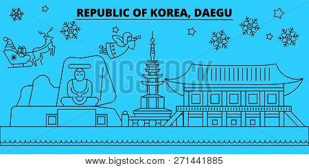 South Korea, Daegu Winter Holidays Skyline. Merry Christmas, Happy New Year Decorated Banner With Sa