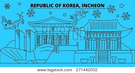 South Korea, Incheon Winter Holidays Skyline. Merry Christmas, Happy New Year Decorated Banner With 