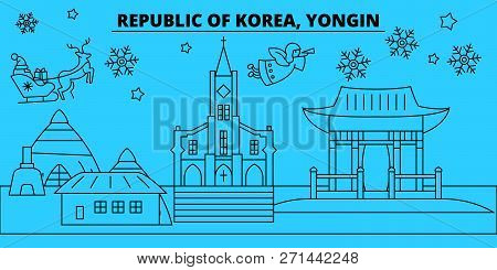 South Korea, Yongin Winter Holidays Skyline. Merry Christmas, Happy New Year Decorated Banner With S