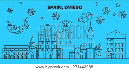 Spain, Oviedo Winter Holidays Skyline. Merry Christmas, Happy New Year Decorated Banner With Santa C