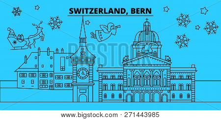 Switzerland, Bern Winter Holidays Skyline. Merry Christmas, Happy New Year Decorated Banner With San