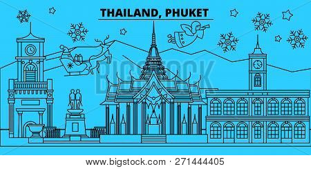 Thailand, Phuket Winter Holidays Skyline. Merry Christmas, Happy New Year Decorated Banner With Sant
